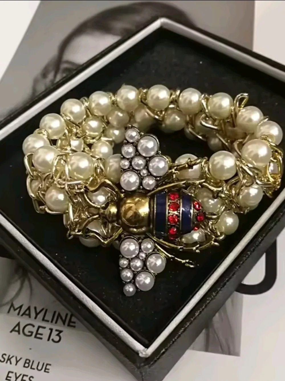 Gold-Tone Pearl Bracelet with Bee Charm (Gold, Ivory, Red, Blue) - Picture 2 of 4